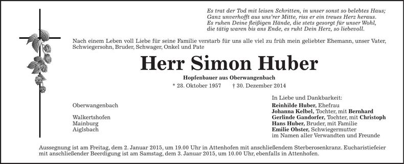 Traueranzeige Simon Huber