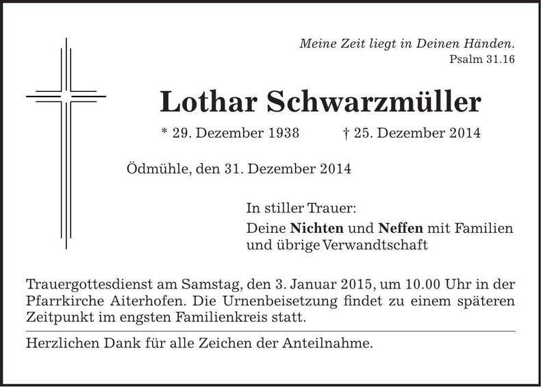 Traueranzeige Lothar Schwarzmüller