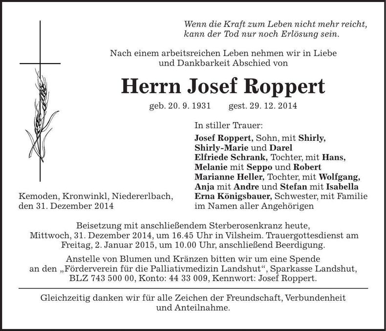 Traueranzeige Josef Roppert