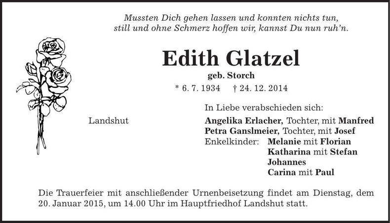 Traueranzeige Edith Glatzel