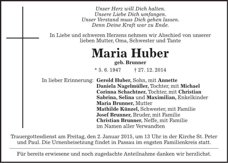Traueranzeige Maria Huber