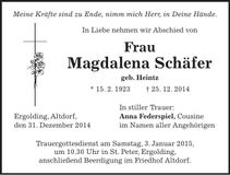 Traueranzeige Magdalena Schäfer