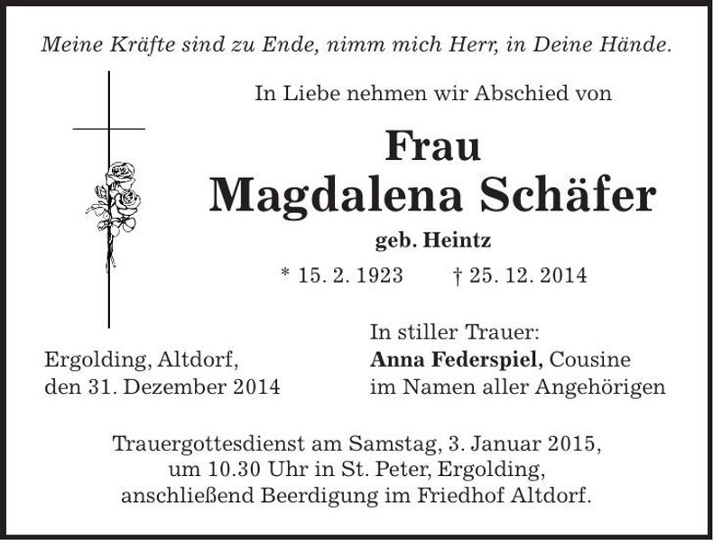 Traueranzeige Magdalena Schäfer