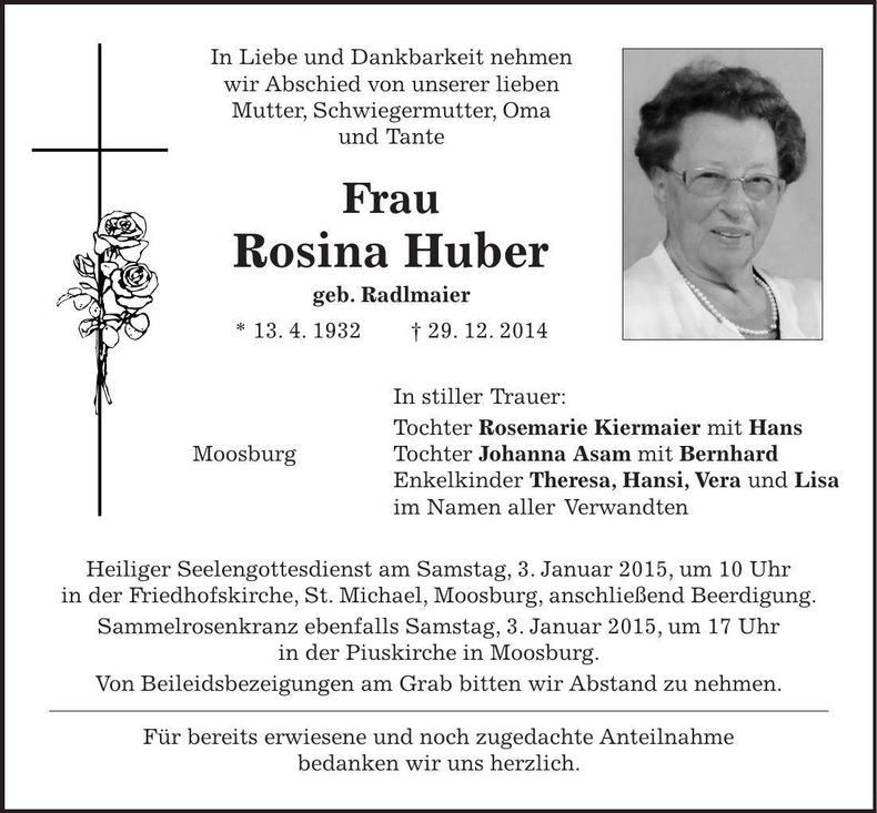 Traueranzeige Rosina Huber