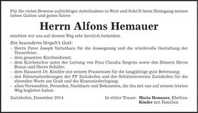 Traueranzeige Alfons Hemauer