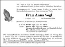 Traueranzeige Anna Vogl