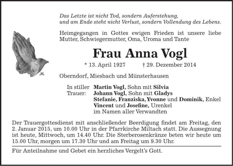 Traueranzeige Anna Vogl