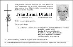 Traueranzeige Jirina Dlubal