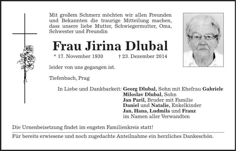 Traueranzeige Jirina Dlubal