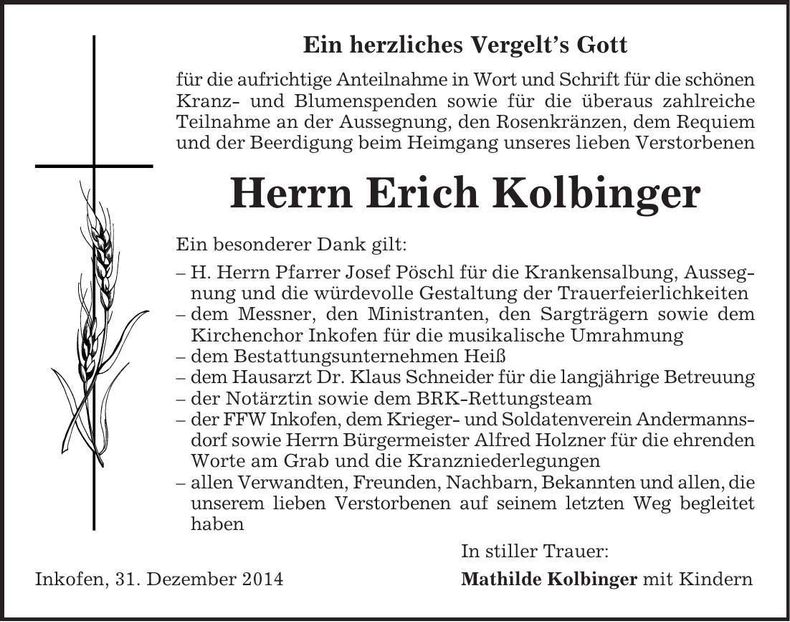 Traueranzeige Erich Kolbinger