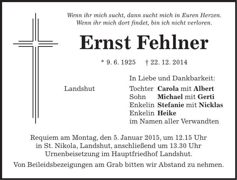 Traueranzeige Ernst Fehlner