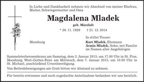 Traueranzeige Magdalena Mladek