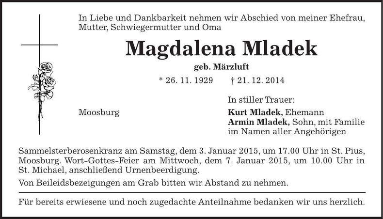 Traueranzeige Magdalena Mladek