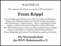 Traueranzeige Franz Köppl
