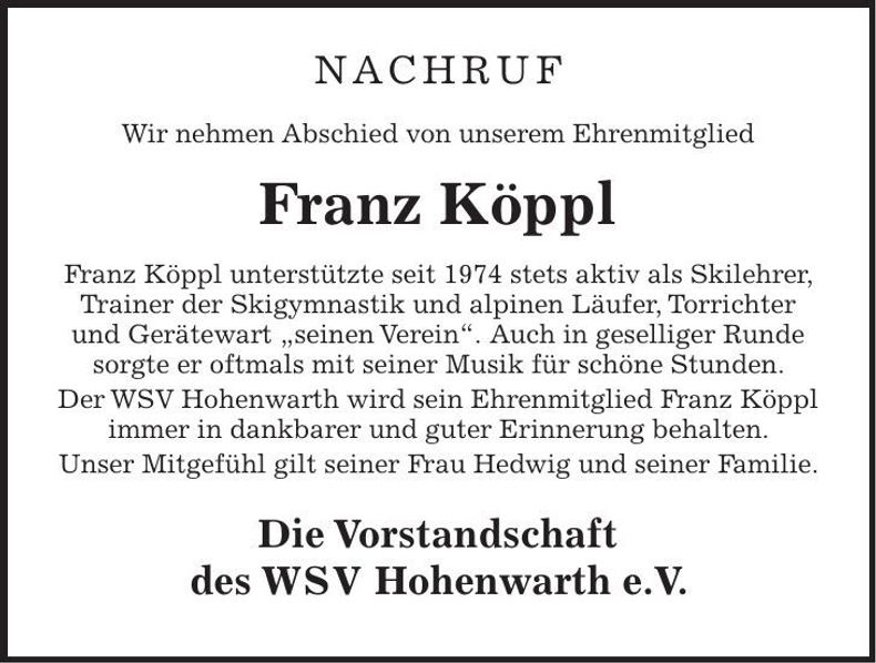 Traueranzeige Franz Köppl