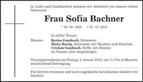 Traueranzeige Sofia Bachner