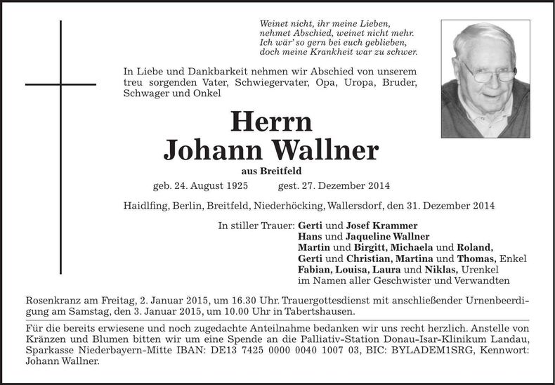 Traueranzeige Johann Wallner