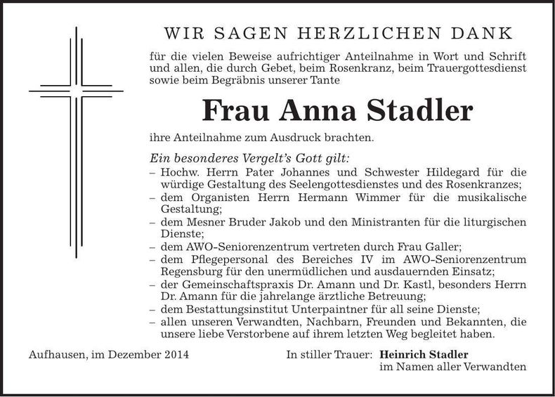 Traueranzeige Anna Stadler