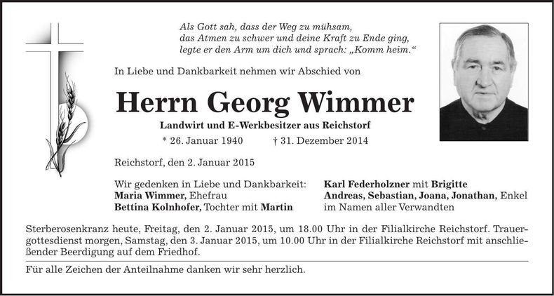 Traueranzeige Georg Wimmer