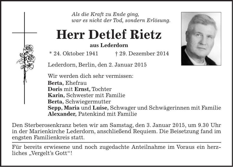Traueranzeige Detlef Rietz