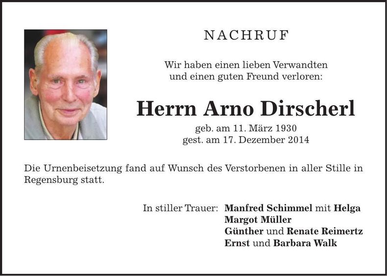 Traueranzeige Arno Dirscherl