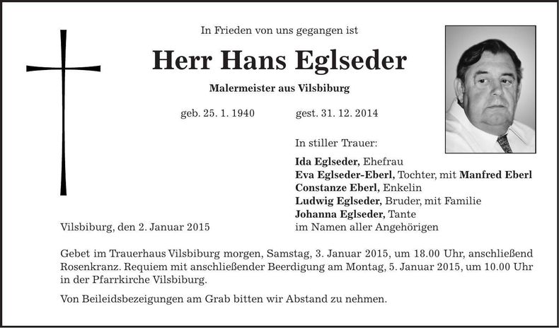 Traueranzeige Hans Eglseder
