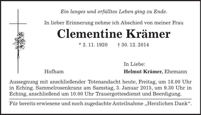 Traueranzeige Clementine Krämer
