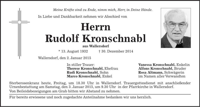 Traueranzeige Rudolf Kronschnabl