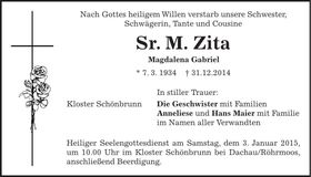 Traueranzeige Magdalena Gabriel