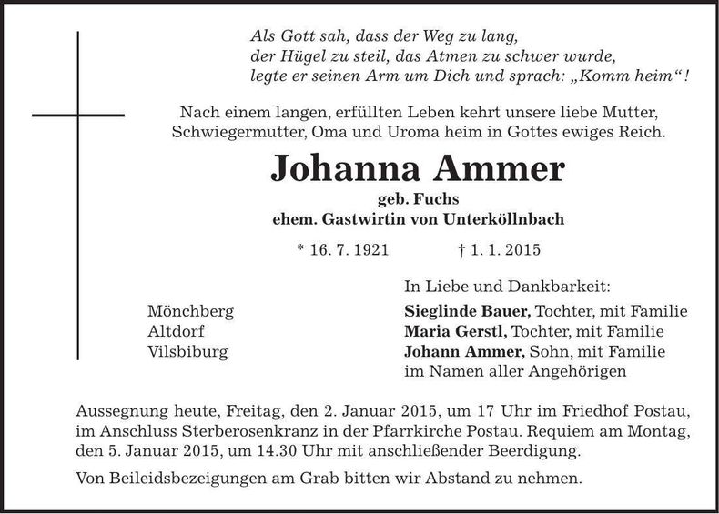 Traueranzeige Johanna Ammer