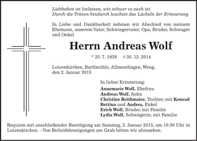 Traueranzeige Andreas Wolf