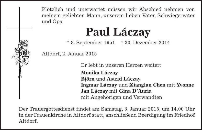 Traueranzeige Paul Làczay