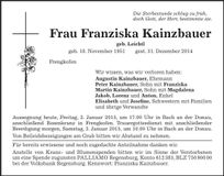 Traueranzeige Franziska Kainzbauer