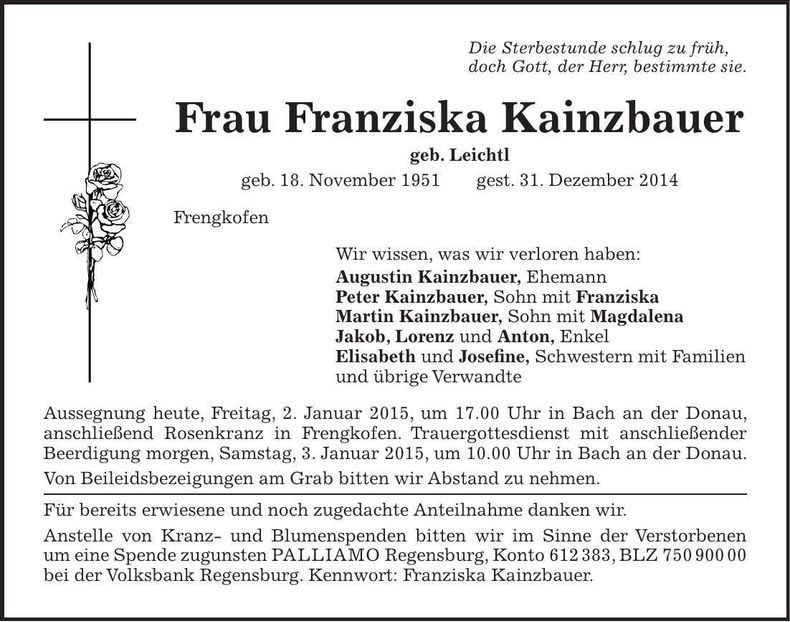Traueranzeige Franziska Kainzbauer