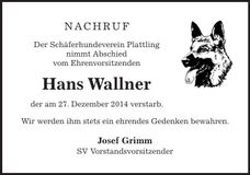Traueranzeige Hans Wallner