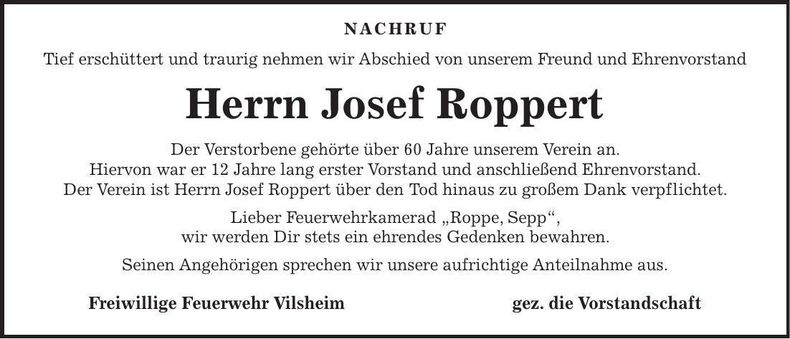 Traueranzeige Josef Roppert
