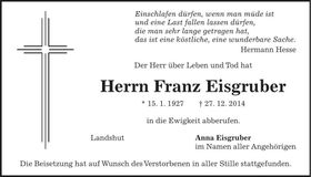 Traueranzeige Franz Eisgruber