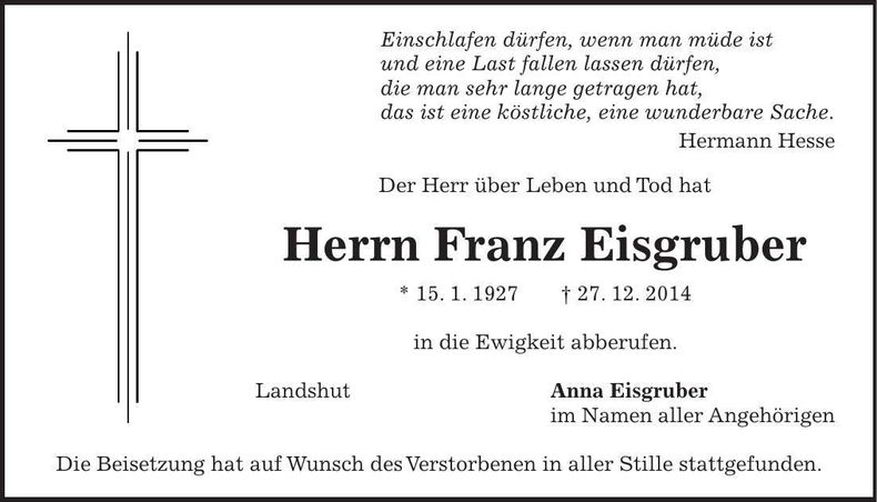 Traueranzeige Franz Eisgruber