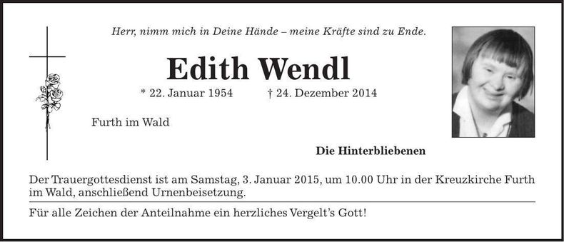 Traueranzeige Edith Wendl