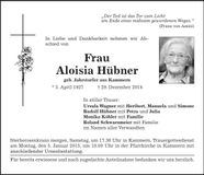 Traueranzeige Aloisia Hübner