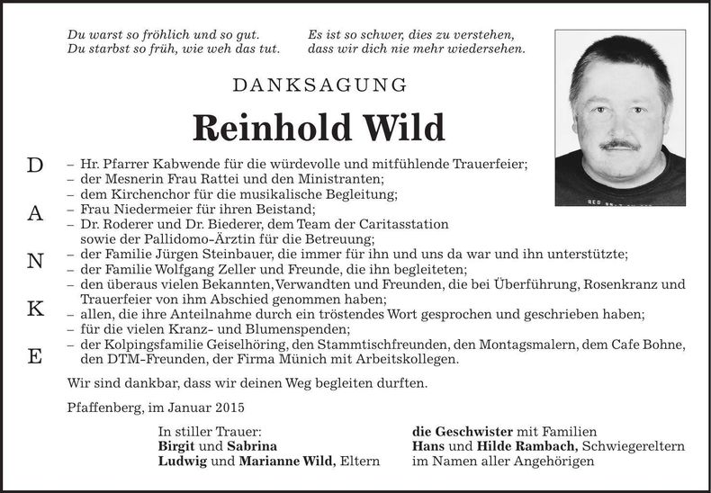 Traueranzeige Reinhold Wild