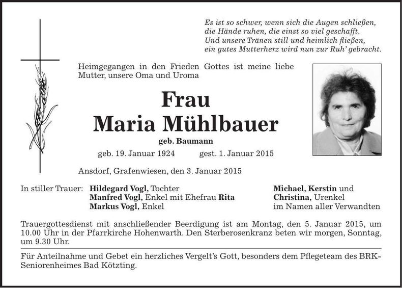 Traueranzeige Maria Mühlbauer
