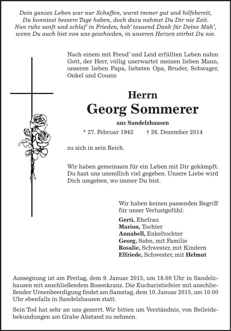 Traueranzeige Georg Sommerer