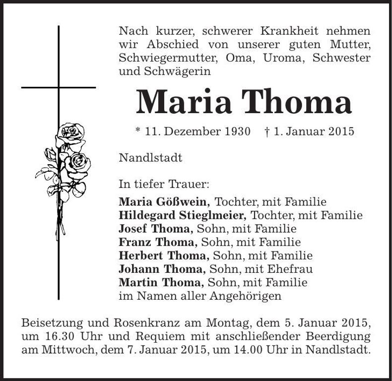 Traueranzeige Maria Thoma