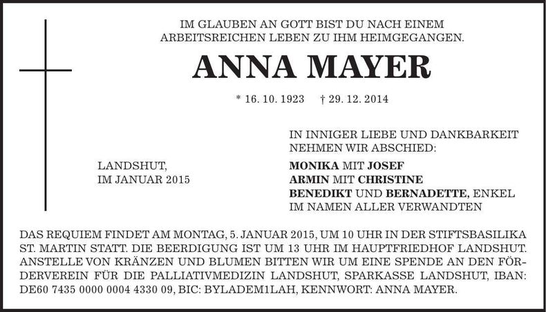 Traueranzeige Anna Mayer