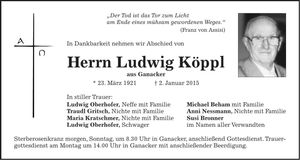 Traueranzeige Ludwig Köppl