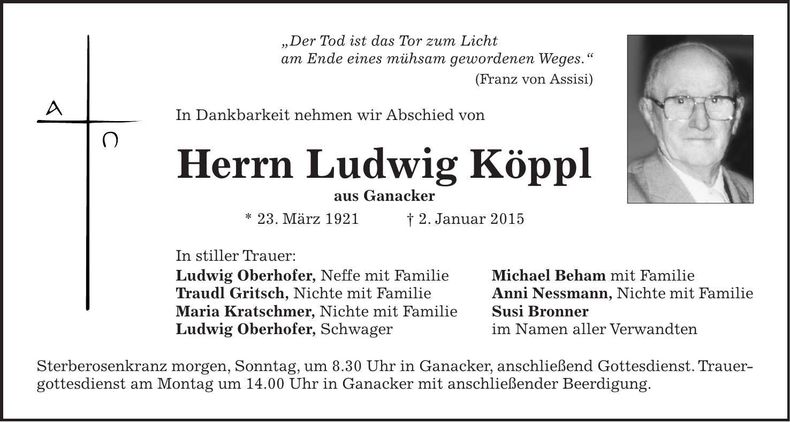 Traueranzeige Ludwig Köppl
