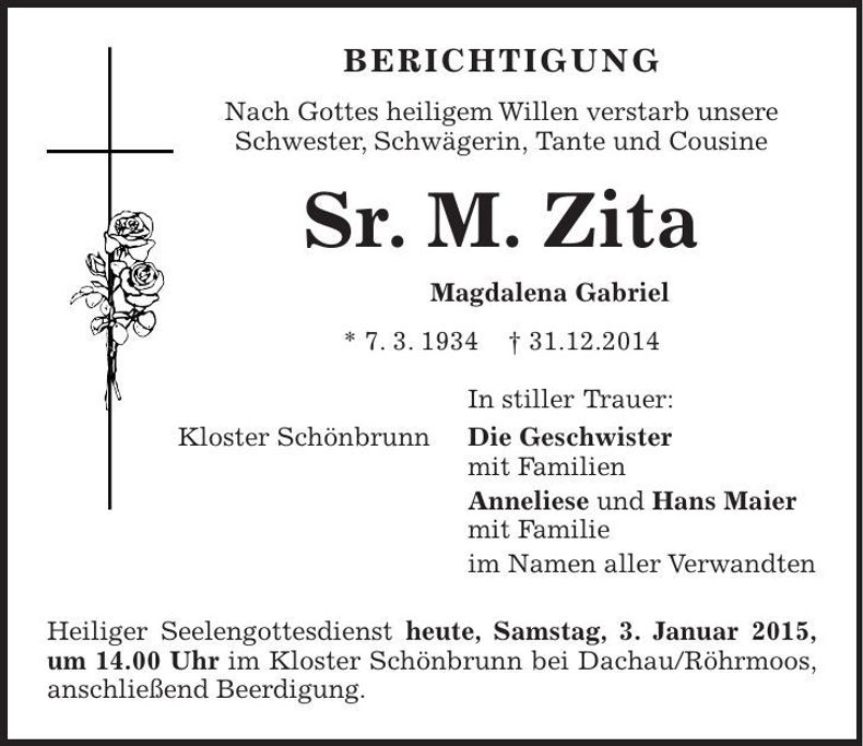 Traueranzeige Magdalena Gabriel