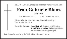 Traueranzeige Gabriele Blanz