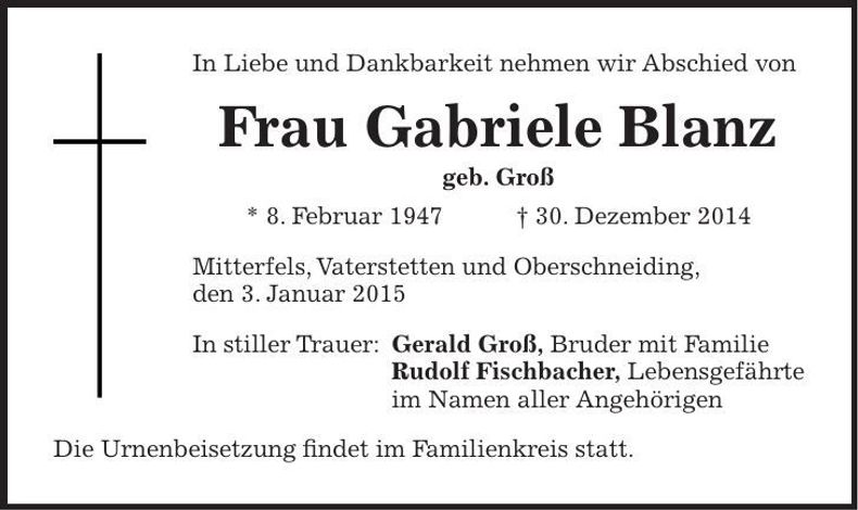 Traueranzeige Gabriele Blanz